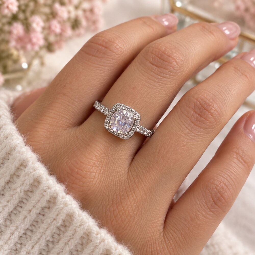Silver Tone Cushion Cut Halo Ring Clear Rhinestone Pave Engagement Style Size 6